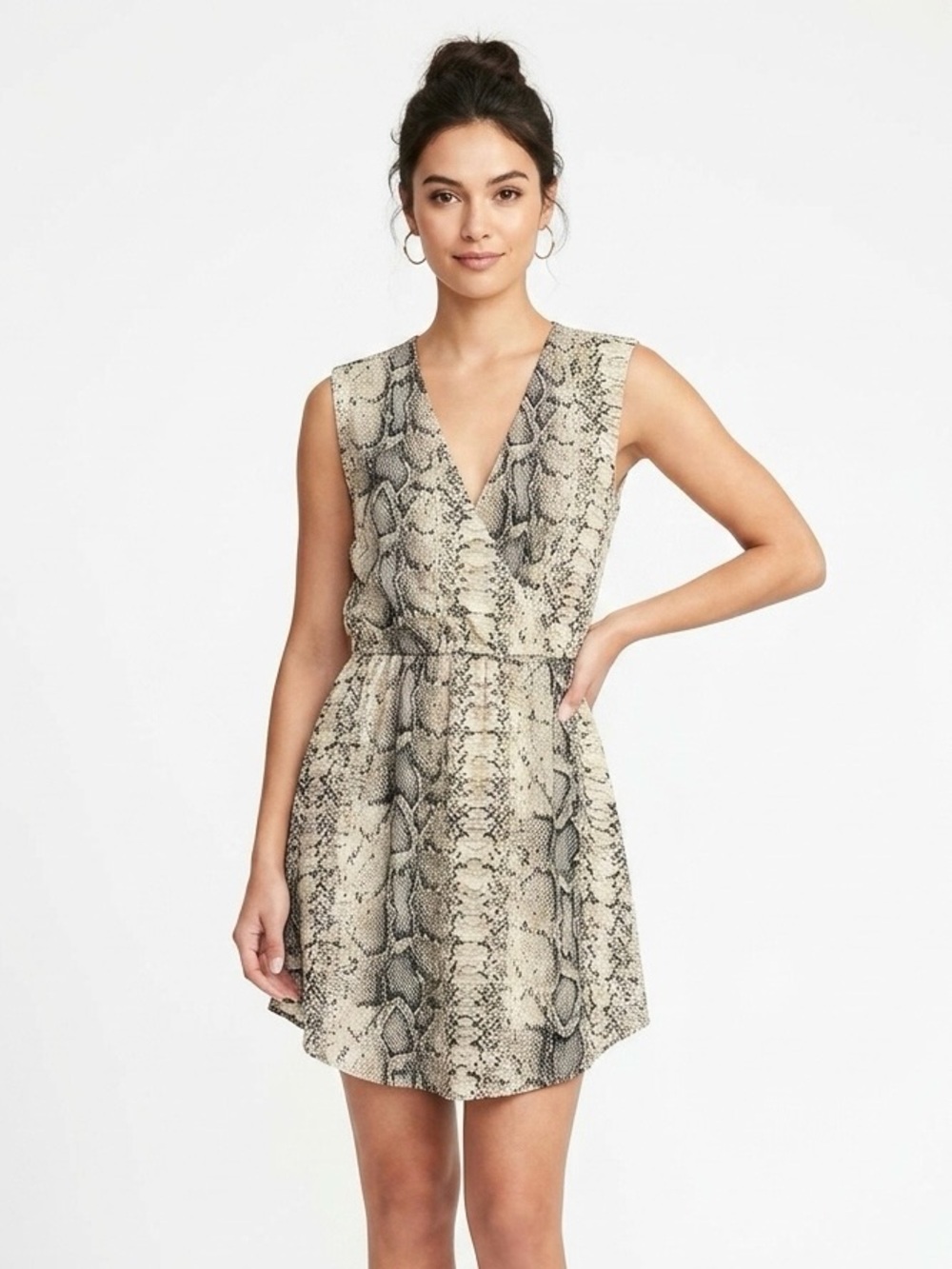 Bar III, Snake-Print Sleeveless V-Neck Mini Dress - Beige & Black - S